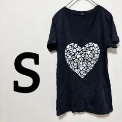 【S】 黒 ハート型プリント 半袖Tシャツ