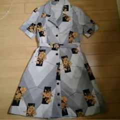 昭和レトロ古着 幾何学斜めストライプ柄×花柄 前ボタンワンピース
