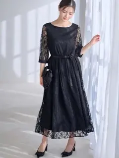 総レースロングワンピース（サテンリボンベルト付）　ブラック　マタニティ　授乳服