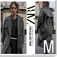 新品 ZARA ウールブレンドダブルブレストコート ベルトとループ付き Mグレー