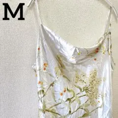 希少✨️【M】花柄 キャミソールワンピース サテン調 ホワイト ドレープ 古着