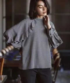 新品 オペークドットクリップ ギンガムチェック フリルスリーブブラウス 38