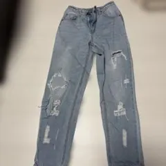 ダメージ加工 ライトブルー デニムパンツ