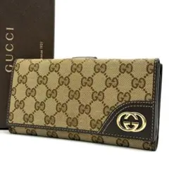 美品 グッチ GGキャンバス インターロッキング 長財布 GG柄 レザー