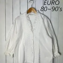 EURO古着 80s～90s 7～8分袖 レース付きコットンブラウス 白 40