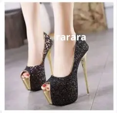 キャバヒール 黒 ブラック オープントゥ グリッター ラメ 16.5cm