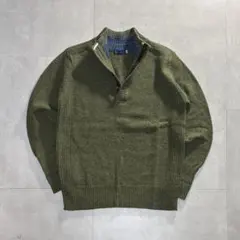 【ユニセックス】ハーフボタンニット Mサイズ カーキグリーン シンプルライン入り