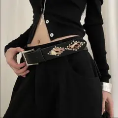 Y2K ヒョウ柄 スタッズ付きレザーベルト 黒　パンク
