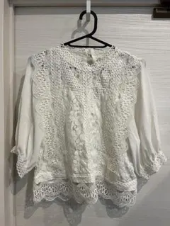 ノーブランド ホワイト レース装飾 五分袖ブラウス