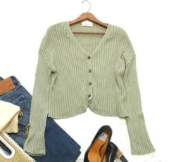 美品 送料込み ミラオーウェン グリーン コットン 太畝 洗える カーディガン