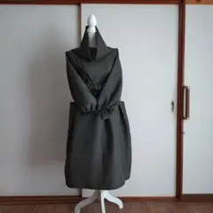 ☆着物リメイク脇ギャザーふっくら袖ロングワンピーススヌードリボン付☆ハンドメイド