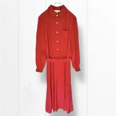 ロペ ワンピース 赤 総柄 リボンベルト付き ロング丈 S 薄手 レトロ