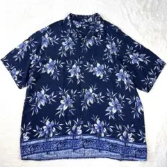 古着 総柄 アロハシャツ 2XL ネイビー レーヨン 花柄 ビッグシルエットのサムネイル