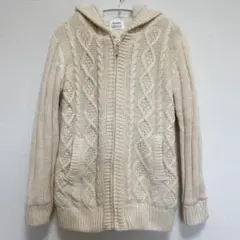 ケーブル編み ジップパーカー ボア裏地 アイボリー Mサイズ