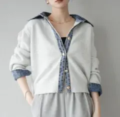 デニムシャツドッキングカーディガン新品未使用ライトグレー重ね着風レイヤード厚手
