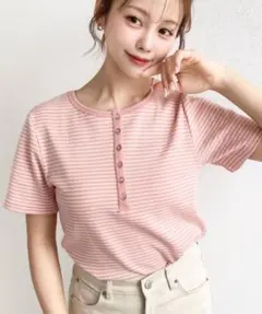 【新品】ヘンリーネック ボーダー 半袖 トップス Tシャツのサムネイル