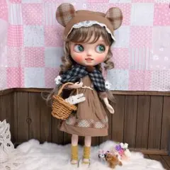 ブライスアウトフィット　こねこの帽子セット　ナチュラル ブライスアウトフィット こねこの帽子セット ピンクラインチェック