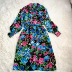 【ヴィンテージ】昭和レトロ　シフォン　ボウタイ　ベルト付き　ワンピース　総柄