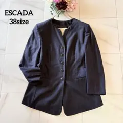 NO.7-325 ESCADA ストライプ　カラーレスジャケット　ネイビーのサムネイル