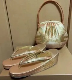 和装バッグ＆草履セット　オレンジ　ゴールド　花柄