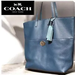 【人気】COACH レザー トートバッグ ブルー ネイビー 大容量 A4 収納可