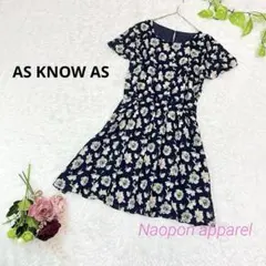 美品✨アズノウアズ　花柄　　フレア　膝丈　ワンピース　M 細見え　紺　お出かけ