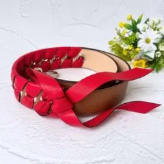 《美品》FENDI レザー ショルダーストラップ リボン 編み込み キャメル 赤