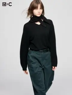 試着のみ　カシミヤリラックスVネックセータースカーフつき　黒XLサイズ