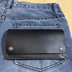 黒 ヌメ革 茶芯 丘染 トラッカーウォレット 3層 真鍮 レザークラフト