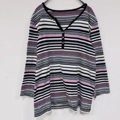 ボーダー　カラフル　Vネック Tシャツ 海外古着【L】カジュアル