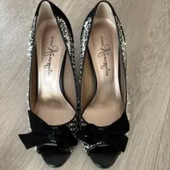 オープントゥパンプス ブラック/ホワイト ツイード