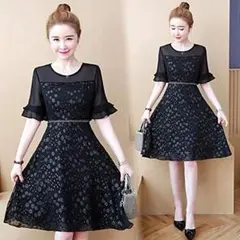 6L 新品 半袖ワンピース 黒 大きいサイズ レディース Aライン ひざ丈