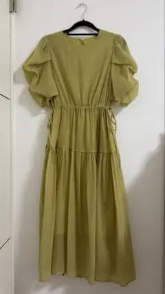 薄い緑色フリル袖ロングワンピース