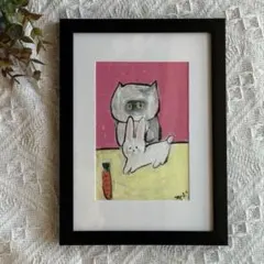 絵画。原画【かわいいシャム猫とウサギ】