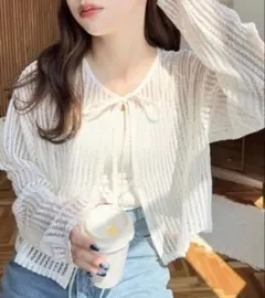 moment+ 前後2WAYストライプメッシュリボンカーディガン ショート丈 L