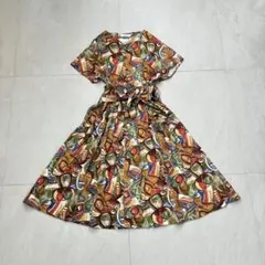 vintage 総柄ワンピース アート柄 レトロ フレア リボン 古着 半袖