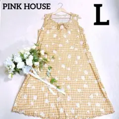 【PINK HOUSE】キャミワンピース　ロング丈　花柄　チェック柄　黄色L相当