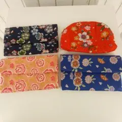 和柄ポーチ　４つセット　和風小物入れ　花柄　ハンドメイド　和　ポーチ