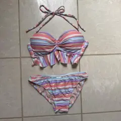 カラフルストライプ柄フリルセパレート水着