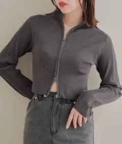 chico グレー リブ編み ジップアップ カーディガン