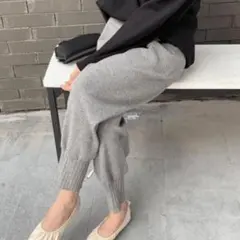 ニットジョガーパンツ イージーパンツ 美脚 グレー M ウエストゴム 裾絞