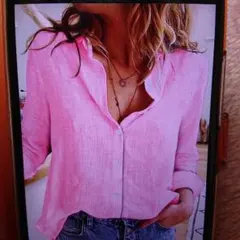 ピンク リネン 長袖シャツ