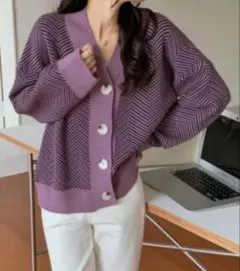 emi+ ルーズサイズジャガードニットカーディガン パープル 未着用