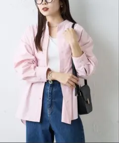 【しわになりにくい】ボリュームスリーブバンドカラーシャツ ストライプ