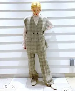 【LOWRYS FARM】チェック柄バスケットベスト＆パンツセットアップ