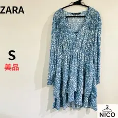 ZARA ザラ 総柄 ティアード ワンピース Vネック ブルー レオパード風 S