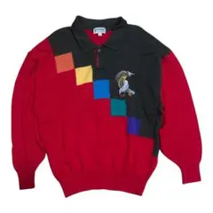 【 DOMINICI 】ウール100 配色切替 刺繍 鳥 ポロカラー ニット