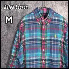 【マドラスチェック】ラルフローレン リネンシャツ ポニー刺繍 マルチカラー M