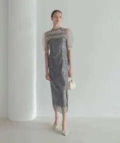 Leja チュールフラワースパンコールIラインワンピースドレス