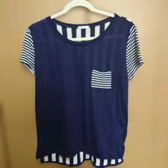 ELLE ストライプ柄 半袖Tシャツ ネイビーのサムネイル